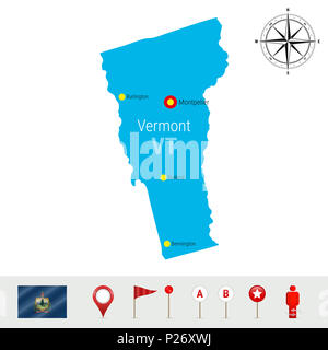 Vermont site isolé sur fond blanc. Silhouette très détaillés de l'État du Vermont. Pavillon du Vermont. Les marqueurs de carte 3D ou les pointeurs, éléments de navigation. Banque D'Images