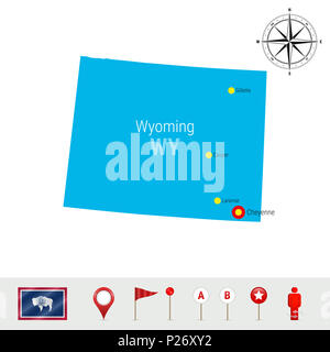 Wyoming site isolé sur fond blanc. Silhouette très détaillés de l'État du Wyoming. Pavillon du Wyoming. Les marqueurs de carte 3D ou les pointeurs, éléments de navigation. Banque D'Images