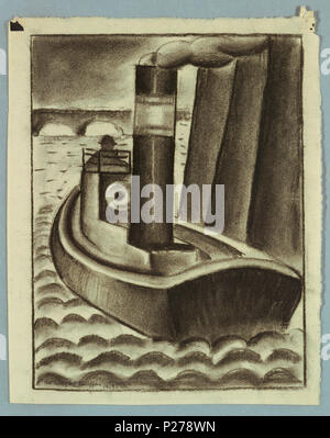 . Anglais : dessin, un London River Boat, 1919 . Anglais : un petit bateau à vapeur est vue de l'arrière près d'un cluster de pilotis sur la gauche. Dans l'arrière-plan, les arches d'un pont. Rendu dans l'eau modèle pétoncles réguliers . 1919 98 Dessin, UN London River Boat, 1919 (CH) 18448841-2 Banque D'Images
