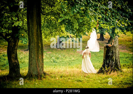 Belle Mariée avec grand voile et robe classique près du vieil arbre dans le parc de l'été, beau fonds de Banque D'Images