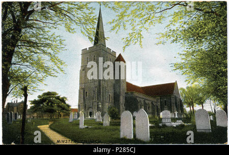 . Carte postale teintée à la main photo de l'église de St Mary the Virgin à Minster, Thanet, dans le Kent, en Angleterre. La coloration a été faite avec grand soin, et la photo d'origine était probablement sur un négatif sur verre. Le travail de coloration sur les arbres doivent avoir pris beaucoup de temps, et tout le travail est très précis. Si vous regardez la carte postale d'une distance il me semble que la lumière rayonne dans le ciel de l'église. Pas oblitérée. Le photographe a Fred C. Palmer de Tower Studio, Herne Bay, Kent 1903-1922, et de 6 Cromwell Street, Swindon ca.1923-1935. Sa mère était une artiste photographe, et la couleur Banque D'Images