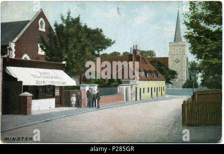 . Carte postale teintée à la main photo de Scott's tea gardens et église à Minster, Thanet, dans le Kent, en Angleterre. Au Cachet (4 août 1904) avec un timbre 1902 Édouard VII. Le photographe a Fred C. Palmer de Tower Studio, Herne Bay, Kent, qui est mortes 1936-1939. La carte postale est datée 1903-1904. Palmer s'installe à Herne Bay en 1903 ; la carte est imprimée en Saxe et doit être daté avant 1914. Fichier:Fred C Palmer 008.jpg et fichier:Fred C Palmer 020.jpg sont de même cartes postales de Minster par Fred C. Palmer ; les trois sont peut-être une partie d'un ensemble. La frontière remainin Banque D'Images