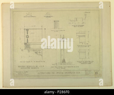 . Anglais : Dessin, modifications de 14-15-16 Washington Square, New York, NY, sketch n° 23, 20 mars 1922 . Anglais : Dessin montre plusieurs dessins ou modèles, pour les modifications de deux bâtiments, dont une porte, balcon, clôture de fer, et d'un 2e étage et au 1er étage, fenêtre linteaux. Certaines mesures sont dans l'ensemble. En haut, à gauche : RM. En garniture # 14 SQ. de lavage ; centre supérieur : TRIM DANS # 15 LAVAGE. M2 / 3ème étage ; supérieur droit : DESCRIPTION DE LA FENÊTRE NORMALE / jambage dans # 14 LAVAGE. S. ; centre : porte sur 2nd Fl # 15 SQ de lavage. / ¼" de l'échelle ; en bas à gauche : MESURE DE DÉTAILS DES AMENDEMENTS 14 et 15 / WASHINGTON SQUARE N./ balcon balustrade. #  14 Banque D'Images