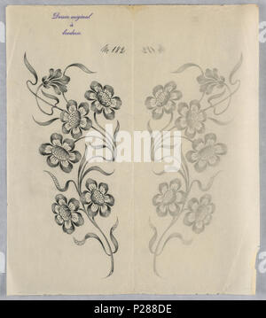 . Anglais : Dessin, Dessins pour la broderie, ca. 1890 . Anglais : rectangle vertical. Dessins de résumé des motifs floraux pour panneaux et frontières. Chaque dessin gravé en haut : 'Dessin original un broderie.' dessins numérotés de 182 (M) . vers 1890 104 Dimensions, Dessins pour la broderie, ca. 1890 (CH) 18446693 Banque D'Images