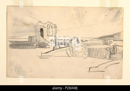 . Anglais : Dessin, Étude pour 'earchlight, entrée du port, Santiago de Cuba", ca. 1898 . Anglais : vue horizontale de l'un canon et d'une vue partielle d'une seconde sur le parapet du fort espagnol, Morro Castle, dominant l'avant-plan et le port de Santiago de Cuba visible en arrière-plan. . Vers 1898 107 Dessin, Étude pour "Projecteur, entrée du port, Santiago de Cuba", ca. 1898 (CH) 18175413 Banque D'Images