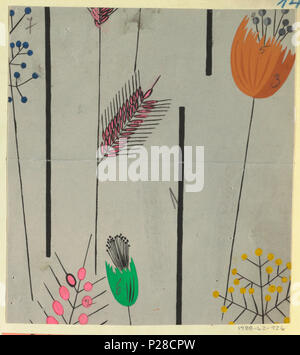 . Anglais : dessin, dessin textile : Korngold, 1922 . Anglais : Sur terre, blé taupe rose manette à gauche, orange tulip sur droite, vert petit tulip en bas, rose et fleurs jaunes de chaque côté de petits tulip en bas. . 1922 109 Dessin, dessin textile- Korngold, 1922 (CH) 18631687 Banque D'Images