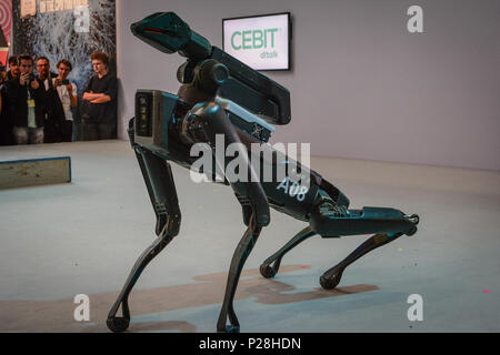 Hanovre, Allemagne. 13 Juin, 2018. Marc Reibert, fondateur de Boston Dynamics, présente le robot SpotMini au CeBIT 2018 à Hanovre. SpotMini est un petit robot à quatre pattes avec la capacité de prendre et manipuler des objets à l'aide de ses 5 degrés de liberté et la perception du bras de capteurs. Crédit : Laura Chiesa/Pacific Press/Alamy Live News Banque D'Images