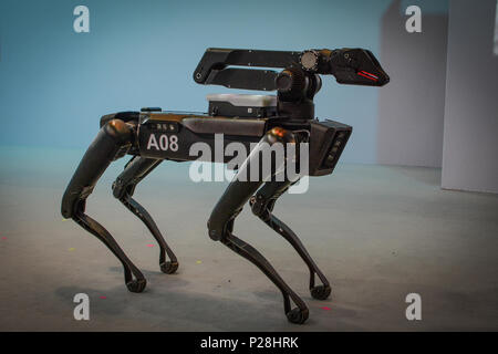 Hanovre, Allemagne. 13 Juin, 2018. Marc Reibert, fondateur de Boston Dynamics, présente le robot SpotMini au CeBIT 2018 à Hanovre. SpotMini est un petit robot à quatre pattes avec la capacité de prendre et manipuler des objets à l'aide de ses 5 degrés de liberté et la perception du bras de capteurs. Crédit : Laura Chiesa/Pacific Press/Alamy Live News Banque D'Images