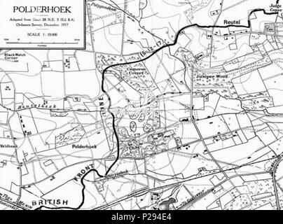 . Anglais : Contour plan de la ligne de front de la British-German route de Menin autour d Polderhoek Chateau de Reutel, 5 décembre 1917, montrant, bois de Genévrier Cameron Covert et le parc du château. 1921. Adapté de feuilles 28 N. E. 3 (Ed. 8. A) de l'Ordnance Survey, décembre 1917 contenue dans la division néo-zélandaise 1916 - 1919 : une histoire populaire basé sur les documents officiels Auteur : le colonel H. Stewart détails Publication : Whitcombe et tombes Limited, 1921, Auckland 129 Front Line route de Menin, Polderhoek, Reutel, 5 décembre 1917 Banque D'Images