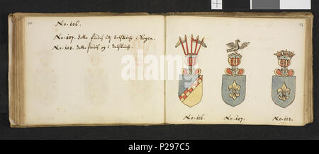 Quaedam virorum illustrium Insignia dans Norvegia quodam habitantium Illustrasjon hentet fra et j'privatarkiv tittelen Nasjonalbiblioteket med 'Insignia quaedam virorum illustrium dans quodam habitantium Norvegia" Nielssøn Hirtzholm Iver av. Insigne 156 virorum illustrium quaedam dans Norvegia quodam habitantium - pas digimanus-nb 64722-77 Banque D'Images