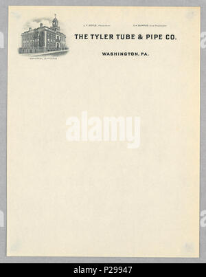 . Anglais : Papier à en-tête, le Tyler Tube & Pipe Co., Washington, New York, ca. 1910 . Anglais : en haut à gauche, un trois quart élévation d'un bâtiment de l'usine (avec horloge) identifiée comme 'général' ; au quadrant supérieur droit de la feuille, le nom de l'entreprise, l'emplacement, le nom du Président et Vice-président. . Vers 1910 175 Papier à en-tête, le tube et Tyler Pipe Co., Washington, New York, ca. 1910 (CH) 18679029 Banque D'Images