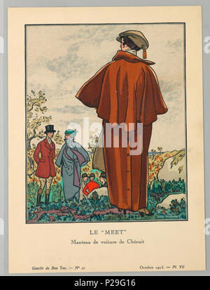 . Anglais : Imprimer, Gazette du Bon Ton (Journal officiel du bon goût), 1, n° 12, Le se "rencontrer" (La rencontre), la plaque 7, octobre 1913 . Anglais : une scène, une figure d'une femme se trouve dans un long manteau de couleur chesnut caped équitation avec des boutons le long de la jupe pour la mobilité, vu de derrière. Une grosse orange tassle pend sur le côté de son chapeau de couleur beige avec bord avant. La femme donne sur un champ rocailleux rempli d'hommes et de femmes portant des vêtements. En bas à gauche, un homme et une femme se rencontrent, l'homme en pantalon d'équitation, bottes, manteau rouge et noir top hat ; la femme dans un long manteau bleu un caped Banque D'Images