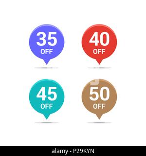 Vente commode d'icônes. Offre spéciale : signes. 35, 40, 45 et 50 pour cent de réduction sur les symboles. Vecteur de couleur télévision badges éléments Illustration de Vecteur