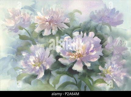 Bouquet de pivoines rose pastel aquarelle illiustration Banque D'Images