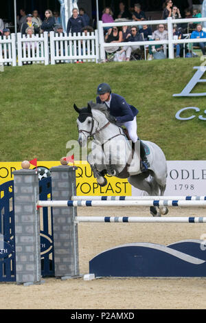 Bolesworth, Cheshire. 14 Jun, 2018. François Mathy équitation Casanova de l'Herse. Cheval, clôture, equestrian, animale, sport, compétition, jump, chevaux, cavalier, show, obstacle, obstacle, cheval, event, étalon, champion, sautant, jockey, équitation, equitation, cavalier à l'Bolesworth Écuyer International Horse Show. /AlamyLiveNews MediaWorldImages de crédit. Banque D'Images