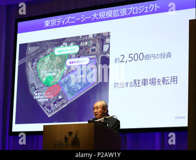 Urayasu, au Japon. 14 Juin, 2018. Tokyo Disney Resort terres orientales opérateur président Toshio Kagami annonce Tokyo DisneySea sera d'étendre en 2022 à Urayasu, suburbanTokyo le Jeudi, 14 juin, 2018. Tokyo DisneySea terres orientales de l'opérateur a dévoilé le plan d'une grande expansion de Tokyo DisneySea y compris un nouveau Disneyhotel. Credit : Yoshio Tsunoda/AFLO/Alamy Live News Banque D'Images