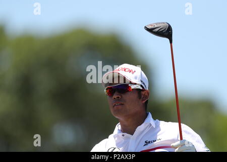 Southampton, New York, USA. 14 Juin, 2018. Hideki Matsuyama du Japon sur le 14e trou lors du premier tour de l'US Open 118e championnat au Shinnecock Hills Golf Club à Southampton, New York, États-Unis, le 14 juin 2018. Credit : Koji Aoki/AFLO SPORT/Alamy Live News Banque D'Images