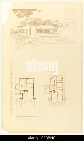 . Anglais : Imprimer, Perspective et Plan pour Gale House, Oak Park, IL, 1910 . Anglais : vue en perspective de la maison en haut, plus deux vues en plan à droite et à gauche, ci-dessous. . 1910268 Imprimer, Perspective et Plan pour Gale House, Oak Park, IL, 1910 (CH) 18635901 Banque D'Images