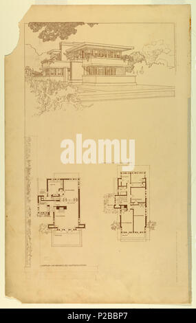 . Anglais : Imprimer, Perspective et Plan pour Gale House, Oak Park, IL, 1910 . Anglais : vue en perspective de la maison en haut, plus deux vues en plan à droite et à gauche, ci-dessous. . 1910268 Imprimer, Perspective et Plan pour Gale House, Oak Park, IL, 1910 (CH) 18635901-2 Banque D'Images