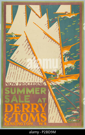 . Anglais : Poster, été Vente à Derry & Tom's, Londres, 1919 . Anglais : Image montre la voile voiliers, avec texte en bas à gauche avec rose, vert, jaune, bleu et blanc : MAINTENANT / ÉTÉ / VENTE À DERRY / & TOMS / KENSINGTON W.8. . L'été 1919, l'affiche de 232 Vente à Derry et Tom's, Londres, 1919 (CH) 18447319 Banque D'Images