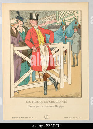 . Anglais : Imprimer. (France), AVRIL 1914 . Anglais : Le sous-titre suivant : les propos désobligeants / Tenue pour le Concours Hippique. Homme en blanc Centre d'équitation bottes d'équitation, pantalon, gilet jaune, manteau rouge et noir top hat à l'école de la gare. L'homme se retourne et parle à deux femmes, centre gauche, En manteaux de fourrure et accessoires au sommet robes de jour et équipé d'un casque de protection. Derrière eux, au centre, à droite, un autre homme debout tenant deux chevaux couverts en blouse bleue. . Avril 1914 269 Imprimer. (France), avril 1914 (CH) 18614933 Banque D'Images