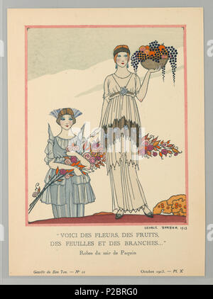 . Anglais : Print (France), 1913 . Anglais : Le sous-titre suivant : "VOICI DES FLEURS, DES FRUITS, DES FEUILLES ET DES BRANCHES…" Robe du soir de Paquin. Femme centre se trouve dans un livre blanc à plusieurs niveaux avec robe grecque et accents floraux bleu perles suspendues et des serre-tête. De la main gauche, elle tient un bol de fruits assortis. En bas à gauche, femme en bleu pâle en robe à plusieurs niveaux avec pièce d'épaule ailée et serre-tête correspondant détient un grand bouquet de fleurs. . 1913261 Imprimer (France), 1913 (CH) 18614923 Banque D'Images