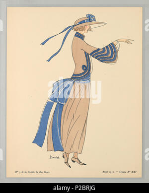 . Anglais : Print (France), 1922 . Anglais : une femme Centre se tient avec sa main droite tendus. Elle porte une longue robe beige avec ceinture bleu épais lié à un arc à la taille et veste beige avec garniture bleue le long des bords et Bell. Elle porte aussi à Oxford et un grand chapeau à larges rebords avec blue bow. . 1922261 Imprimer (France), 1922 (CH) 18614985 Banque D'Images