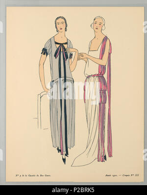 . Anglais : Print (France), 1922 . Anglais : Centre deux femmes se tenir ensemble dans la conversation. La femme sur la droite porte une pleine longueur d'inspiration grecque robe à encolure carrée, taille basse, et ruban rose, looping à l'œil et de nouveau à la taille, le ruban pend la longueur du corps de la femme. La femme à sa gauche porte une robe gris taille basse avec jupe plissée et sleves soufflé. Les manchons, les hanches, et le décolleté de sa robe sont décorées avec des arcs de noir et rose ribbion double face. . 1922261 Imprimer (France), 1922 (CH) 18614991 Banque D'Images