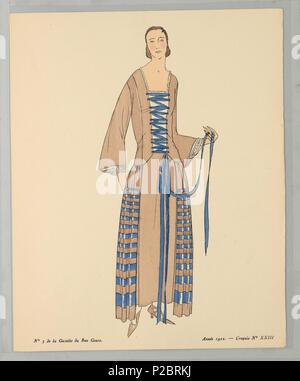 . Anglais : Print (France), 1922 . Anglais : Centre une femme est dans une robe beige. Le haut de sa robe a un split/et dispose d'un corsage lacé exposés avec ruban bleu. La garniture de Ruffles encolure carrée et la ligne à l'intérieur et le large menottées manches. De même la jupe fendue du côté de panneaux panneaux horizontales bleu ont dépouillé. Elle porte des talons beige correspondant a souligné avec des sangles qui se croisent sur le dessus si le pied. . 1922261 Imprimer (France), 1922 (CH) 18614997 Banque D'Images