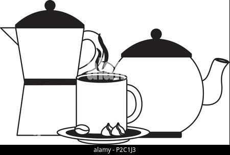 Cafetière et théière tasse de cacao et chocolat Illustration de Vecteur