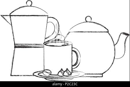 Cafetière et théière tasse de cacao et chocolat Illustration de Vecteur