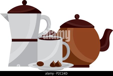 Cafetière et théière tasse de cacao et chocolat Illustration de Vecteur