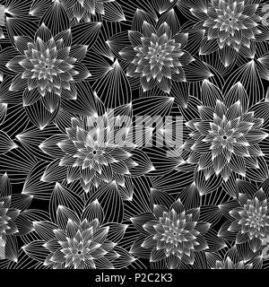 Vector abstract floral Seamless pattern monochromatique. Fleurs blanches sur fond noir. Illustration de Vecteur