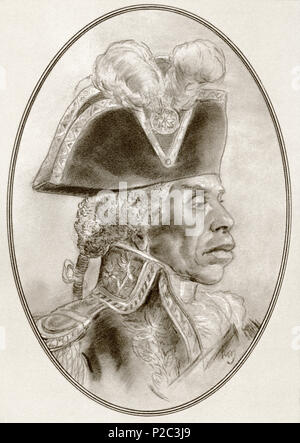 François-Dominique Toussaint Louverture, 1743 - 1803, aka Toussaint L'ouverture ou Toussaint Bréda. Un chef de la révolution haïtienne en 1791, le succès de la lutte contre l'esclavage et de l'insurrection anti-coloniale par des esclaves libérés contre la domination coloniale française de Saint-Domingue. Illustration par Gordon Ross, artiste et illustrateur américain (1873-1946), de la vie des dirigeants. Banque D'Images