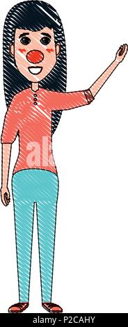 Cartoon happy woman avec nez rouge pointant vers le côté sur fond blanc, vector illustration Illustration de Vecteur