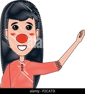 Cartoon happy woman avec nez rouge pointant vers le côté sur fond blanc, vector illustration Illustration de Vecteur