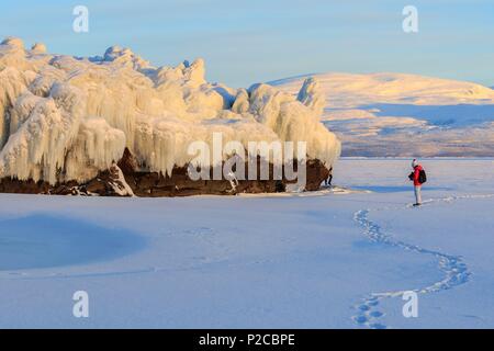 La Suède, la Laponie, région classée au Patrimoine Mondial de l'UNESCO, comté de Norrbotten, Walker en face de la glace au lever du soleil sur le lac en Tornetrask aux environs de Abisko National Park Banque D'Images