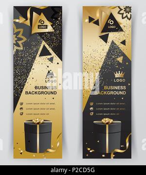 Luxe vertical noir or bannières. Éléments de fleurs ornementales, cadeau noir triangle et éléments de conception. Ensemble d'abstract banners Illustration de Vecteur