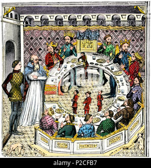 Table ronde du Roi Artus de Bretagne. À la main, gravure sur bois, reproduction d'une miniature du 14ème siècle Banque D'Images
