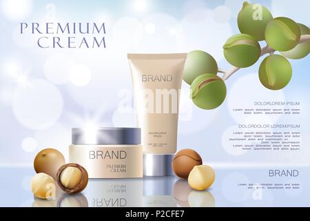 3D réaliste de l'huile de noix de macadamia cosmetic ad modèle. Soft color light white silver essence maquette tube visage cheveux sérum soin de rendre. Affiche promotionnelle Illustration de Vecteur