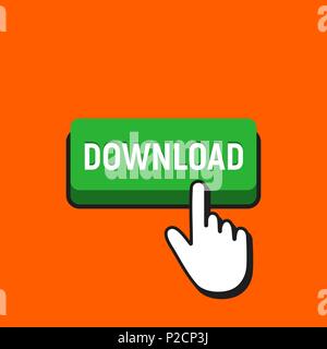 Curseur de la souris clique sur le bouton de téléchargement. Appuyer sur le bouton-poussoir pointeur Concept. Illustration de Vecteur