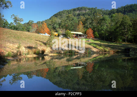 La couleur en automne dans le montagnes Watagan, Central Coast, NSW, Australie. Homestead reflétée dans le barrage de premier plan. Banque D'Images