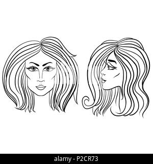 L'avant et de côté du visage avec de beaux cheveux. Vector illustration noir et blanc. Illustration de Vecteur