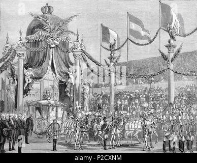 L'entrée de l'état de la princesse Stéphanie en vienne, le Bourgmestre présentant l'allocution de bienvenue, mariage du prince héritier Rodolphe d'Autriche et de la Princesse Stéphanie de Belgique, en 1881, l'amélioration numérique reproduction à partir d'un tirage original du 19ème siècle Banque D'Images