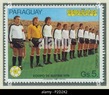 . Deutsch : aus Safe Paraguay zur Fußball-Weltmeisterschaft 1982 in Spanien : Mannschaft aus Österreich English : Cachet du Paraguay de la Coupe du Monde de Football 1982 en Espagne : l'équipe d'Autriche . 1982. Chargé par R-F-AL (discuter | Contributions | Gallery) (Allemand ) 11982-paraguay-wm-Espagne-1-autriche Banque D'Images