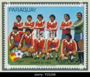 . Deutsch : aus Safe Paraguay zur Fußball-Weltmeisterschaft 1982 in Spanien : Mannschaft aus Chili English : Cachet du Paraguay de la Coupe du Monde de Football 1982 en Espagne : Équipe du Chili . 1982. Chargé par R-F-AL (discuter | Contributions | Gallery) (Allemand ) 11982-paraguay-wm-Espagne-1-Chili Banque D'Images