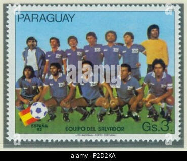 . Deutsch : aus Safe Paraguay zur Fußball-Weltmeisterschaft 1982 in Spanien : Mannschaft aus El Salvador English : Cachet du Paraguay de la Coupe du Monde de Football 1982 en Espagne : l'équipe d'El Salvador . 1982. Chargé par R-F-AL (discuter | Contributions | Gallery) (Allemand ) 11982-paraguay-wm-Espagne-1-Salvador Banque D'Images