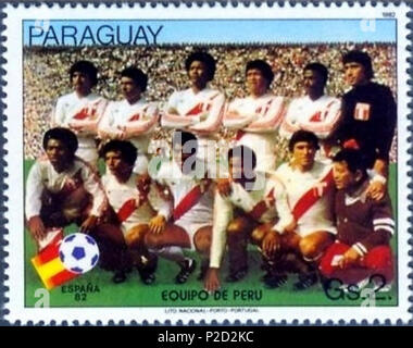 . Deutsch : aus Safe Paraguay zur Fußball-Weltmeisterschaft 1982 in Spanien : Mannschaft aus Pérou English : Cachet du Paraguay de la Coupe du Monde de Football 1982 en Espagne : Équipe du Pérou . 1982. Chargé par R-F-AL (discuter | Contributions | Gallery) (Allemand ) 11982-paraguay-wm-Espagne-1-Pérou Banque D'Images