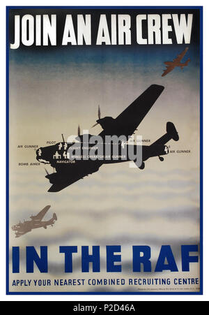 1940 Vintage WW2 affiche de recrutement pour la RAF pour demander à l'équipage d'air inscrivez-vous dans l'effort de guerre contre l'Allemagne nazie dans les avions est la célèbre silhouette schématique Avro Lancaster un quadrimoteur britannique Seconde Guerre mondiale bombardier lourd conçu et fabriqué par Avro, connu sous le nom de bombardier Lancaster Banque D'Images