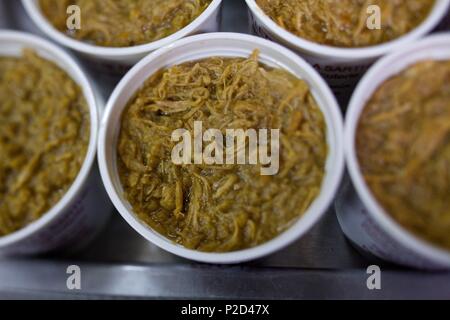 France, Sarthe, Connerre, Claude Segouin, boucherie, préparation des rillettes, l'empotage Banque D'Images